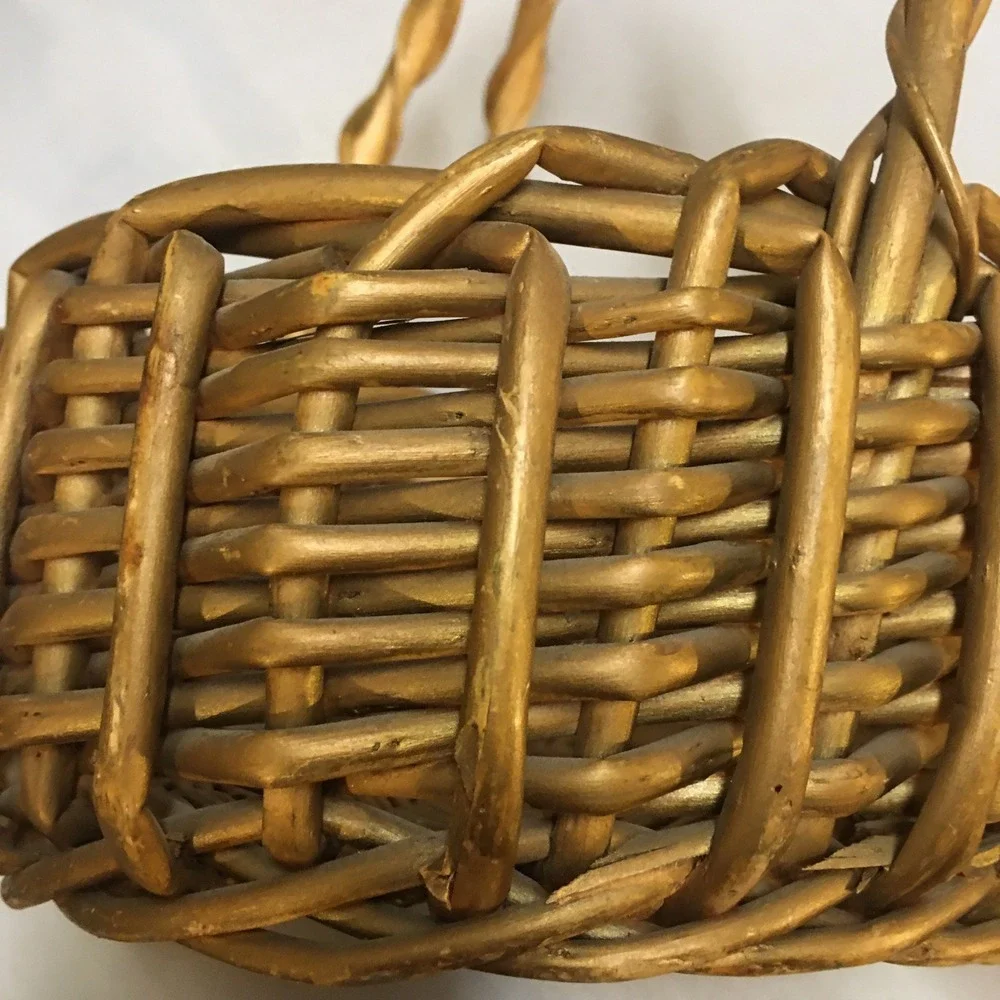 Woven Wicker Basket Small Gold Brown Rustic Double Handle Decor Cottagecore